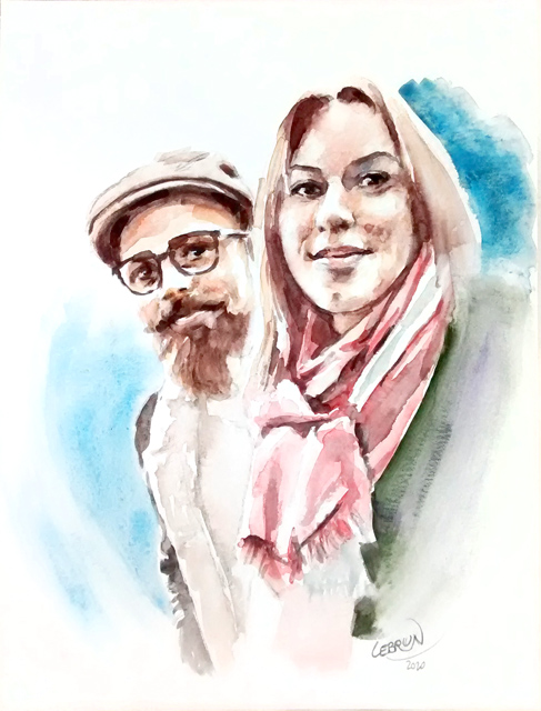 Portrait à l'aquarelle d'un homme barbu portant une casquette et d'une femme portant un foulard.
