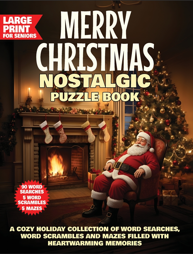 A cozy Christmas puzzle book for seniors with word searches, word scrambles, and mazes, featuring nostalgic holiday memories.