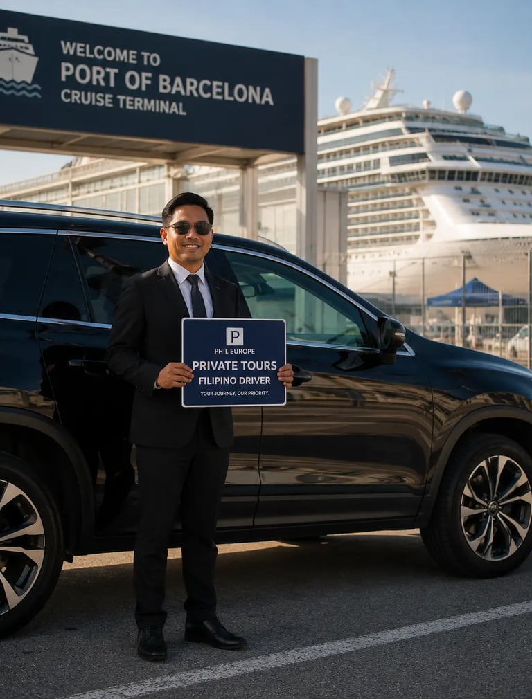 Filipino driver in Barcelona welcoming cruise passengers at the port terminal
