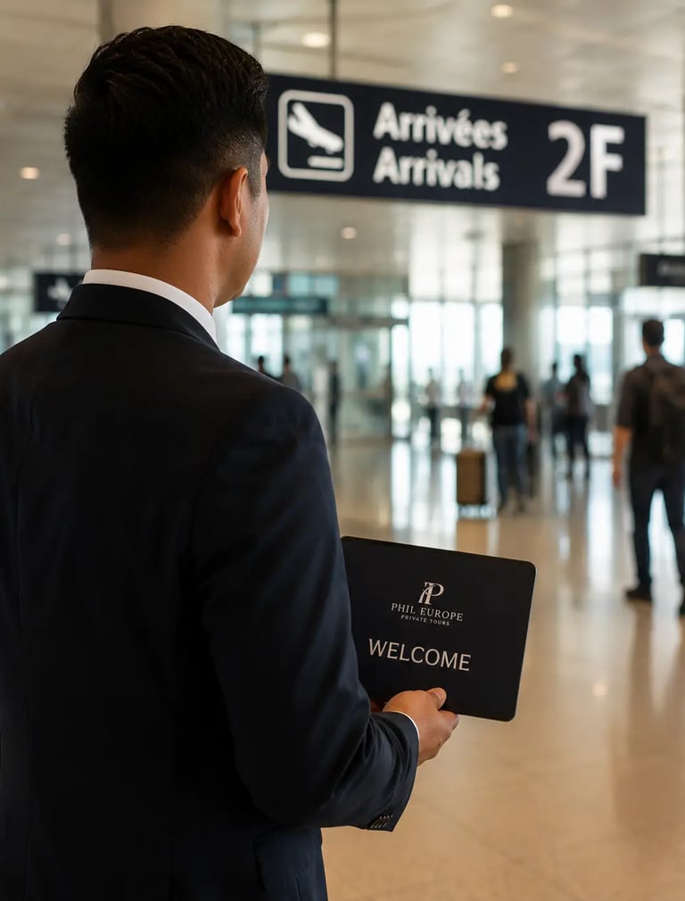Filipino driver in Paris welcoming travelers at Charles de Gaulle airport arrivals