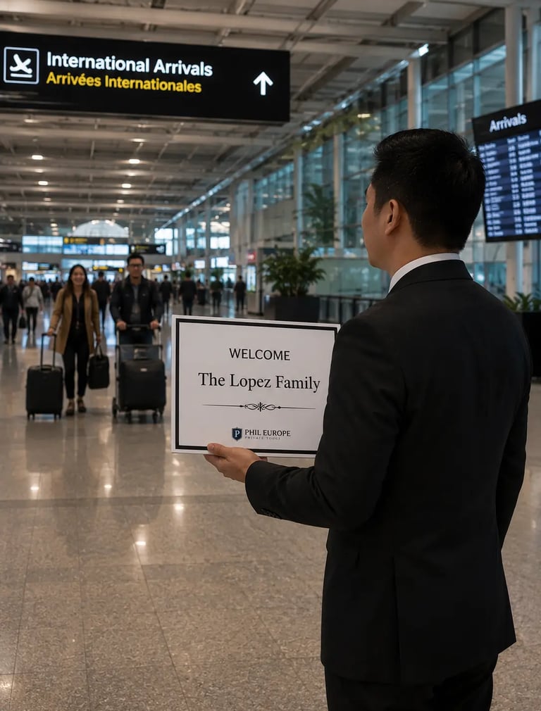 Filipino driver welcoming passengers at Malpensa airport in Milan