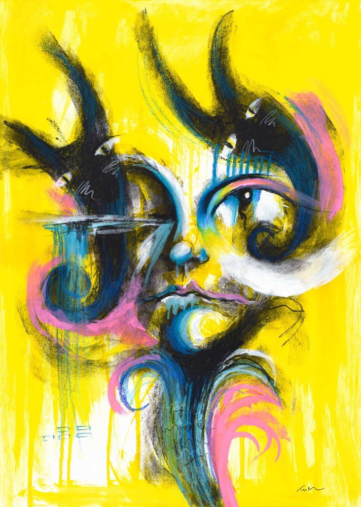Shadown of Doubt yellow abstract face painting part of the Doubt Painting Series by Tara Roskell