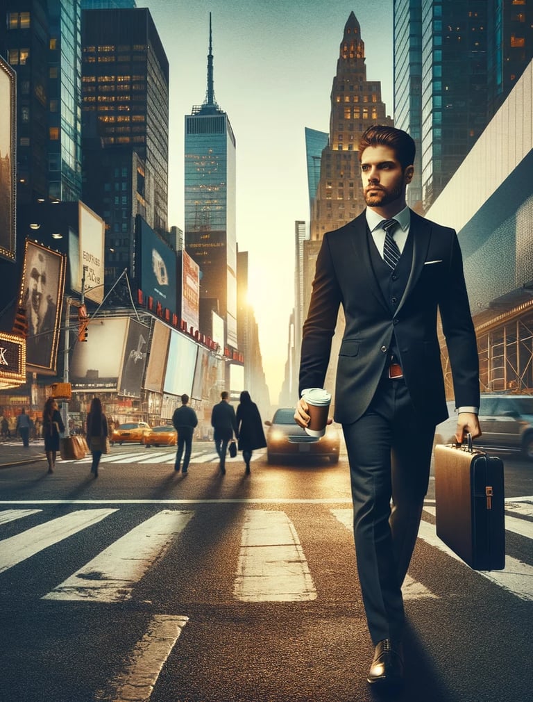 a man in a suit and tie walking across a city street