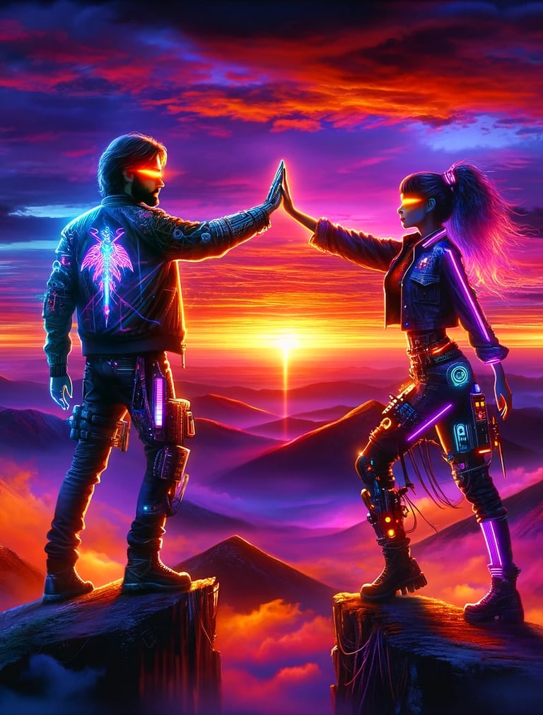 Un homme et une femme au style cyberpunk se tapant dans la main au sommet d'une montagne, sous un ciel de crépuscule aux coul