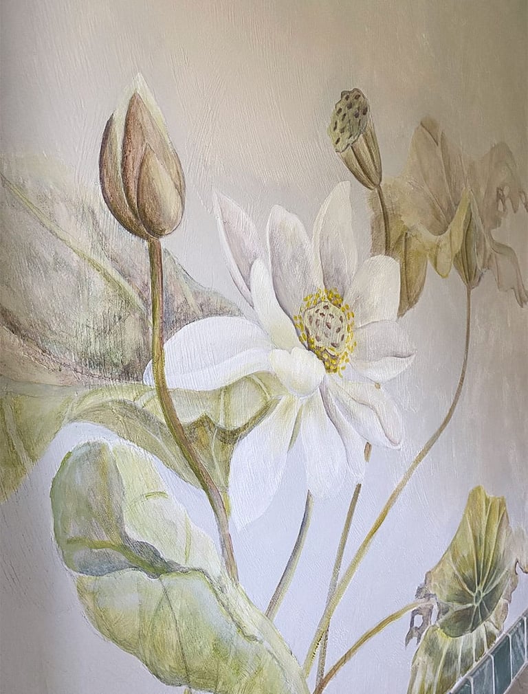 Spa bath mural with white lotus flower and lotus seedpod with koi fish taking refuge amongst flora.