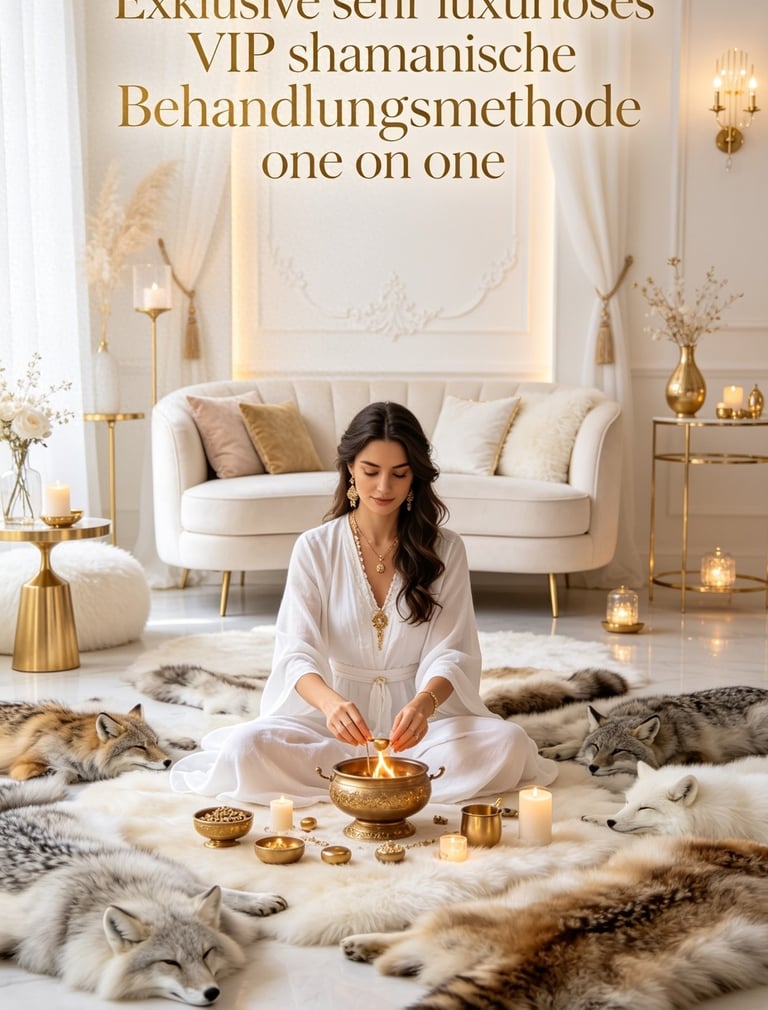 A woman performs a luxury shamanic healing ritual with golden bowls and candles surrounded by wolves.