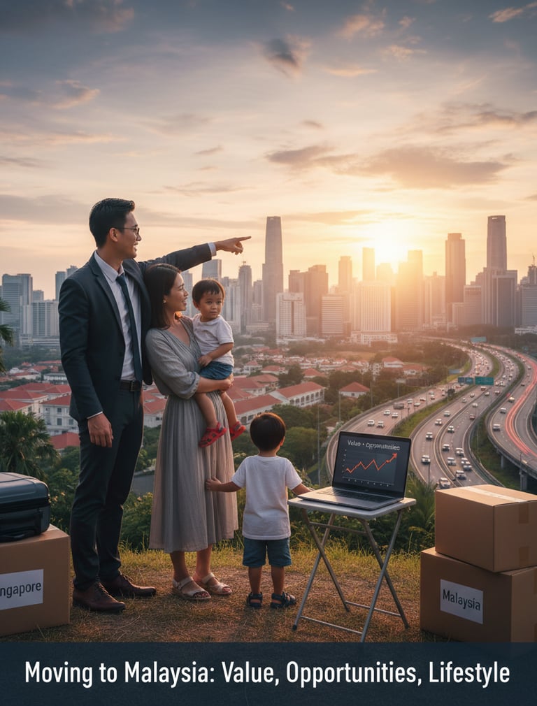 Family standing near moving boxes (Singapore/Malaysia), pointing to a skyline, symbolizing the move for a better life