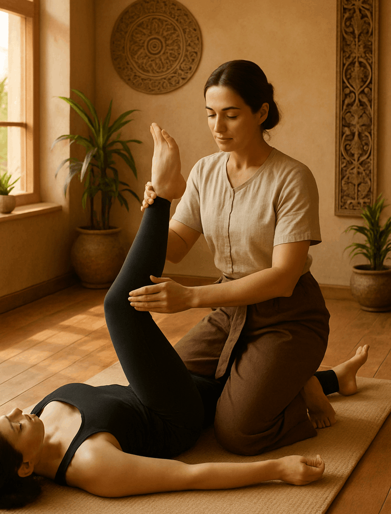 Thai massage hip-opening stretch with therapist supporting client on floor mat