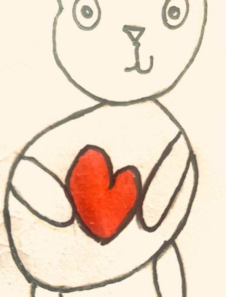 a drawing of a bear cubby holding a heart