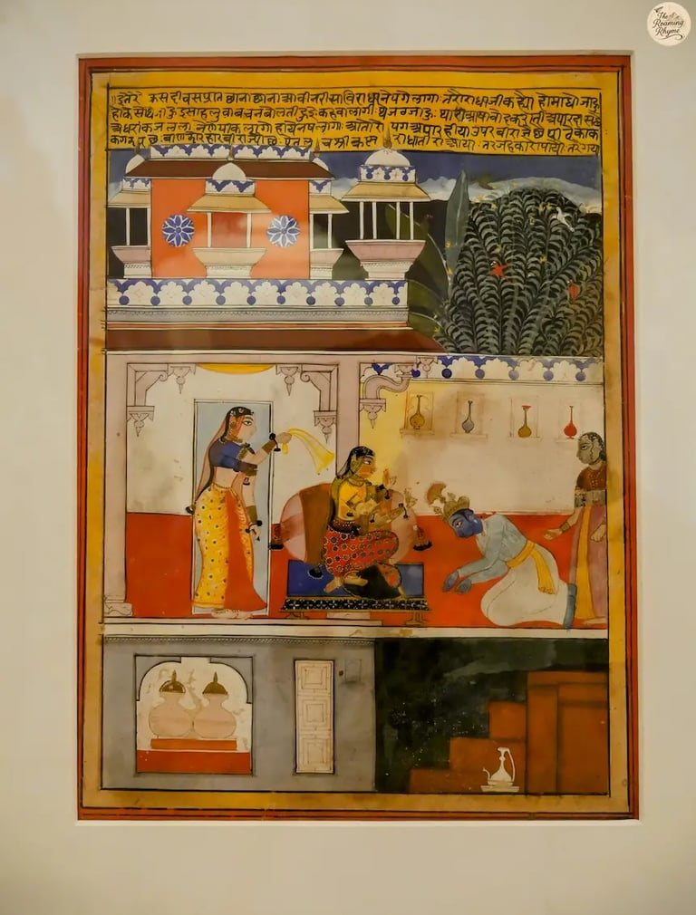 “Traditional miniature artwork displayed in the painting gallery of Mehrangarh Fort Jodhpur.”
