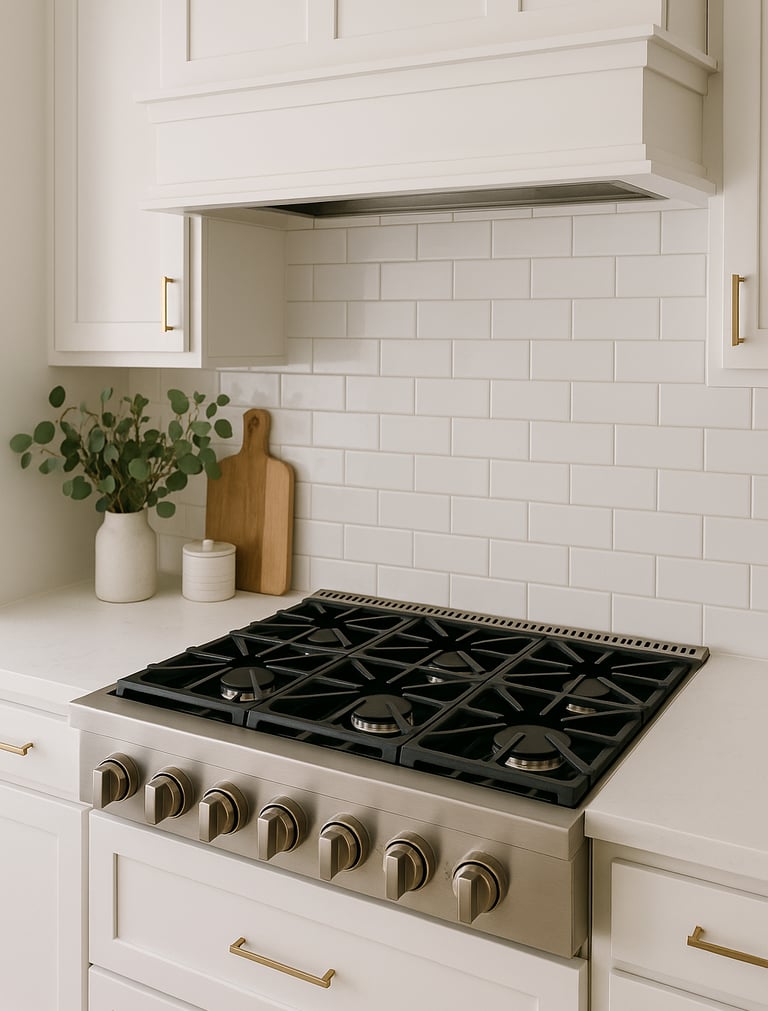 Built-in six-burner gas cooktop in a modern white kitchen.