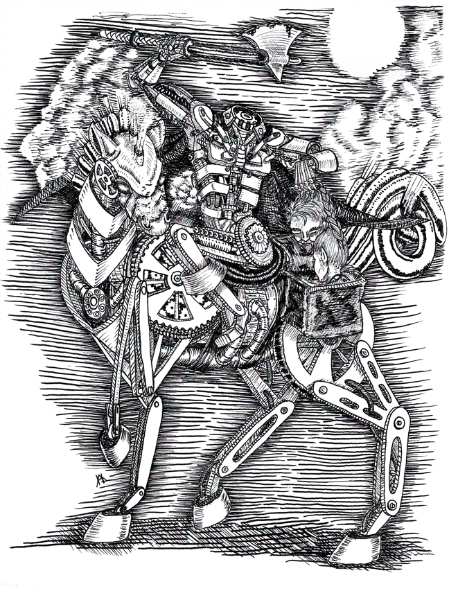 black and white pen and ink illustration Steampunk Headless Horseman Character roleplaying mechanical