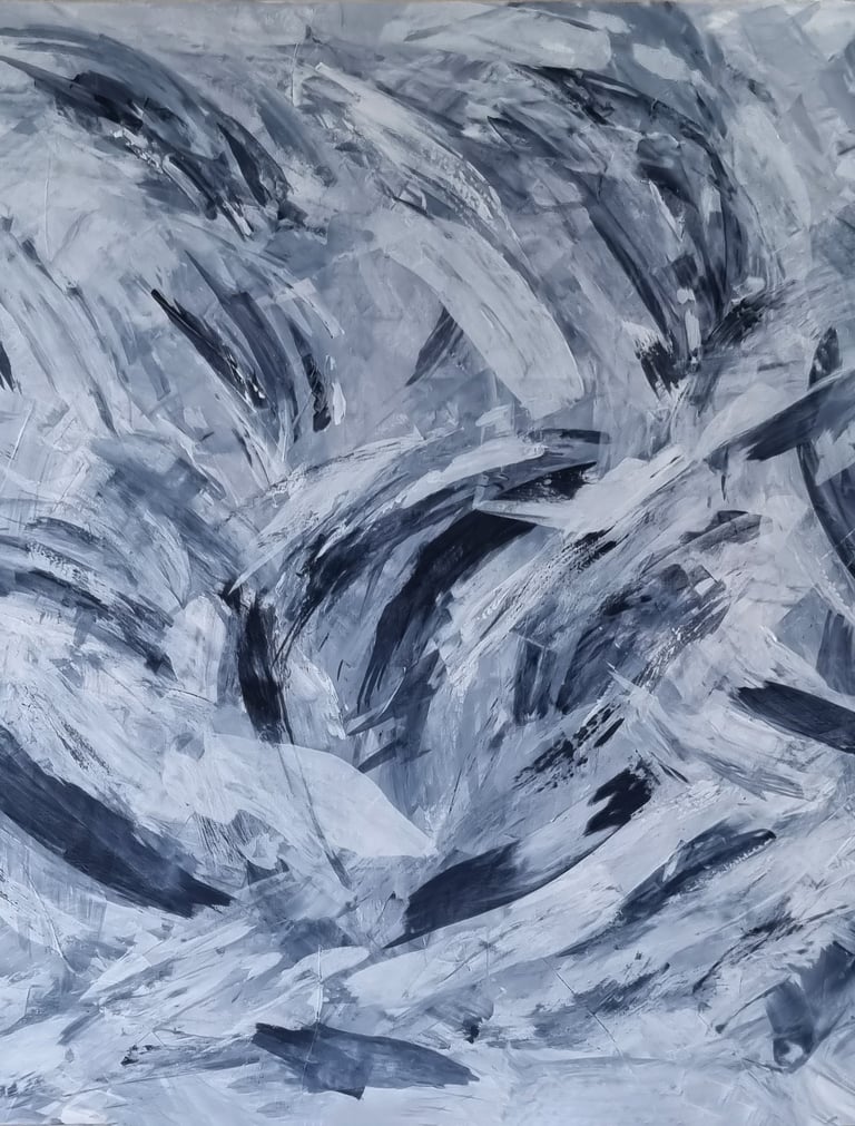 Abstract expressionist painting featuring sweeping black, white, and gray brushstrokes with textured layers.