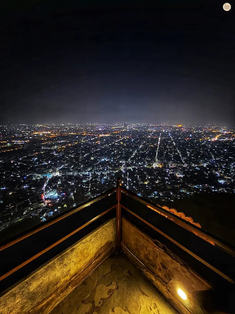 Enjoy the night view of Jaipur from Nahargarh Fort, with the city lights glowing across the Pink City.