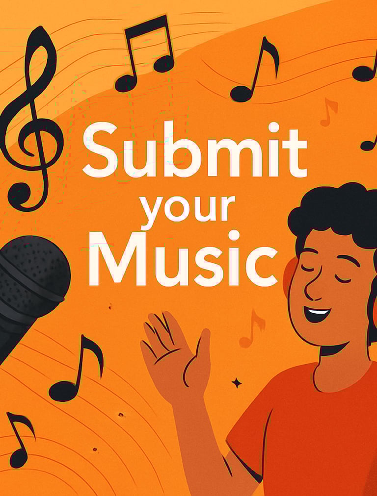 Submit your music, guy enjoying music, microphone, headphones and music symbols.