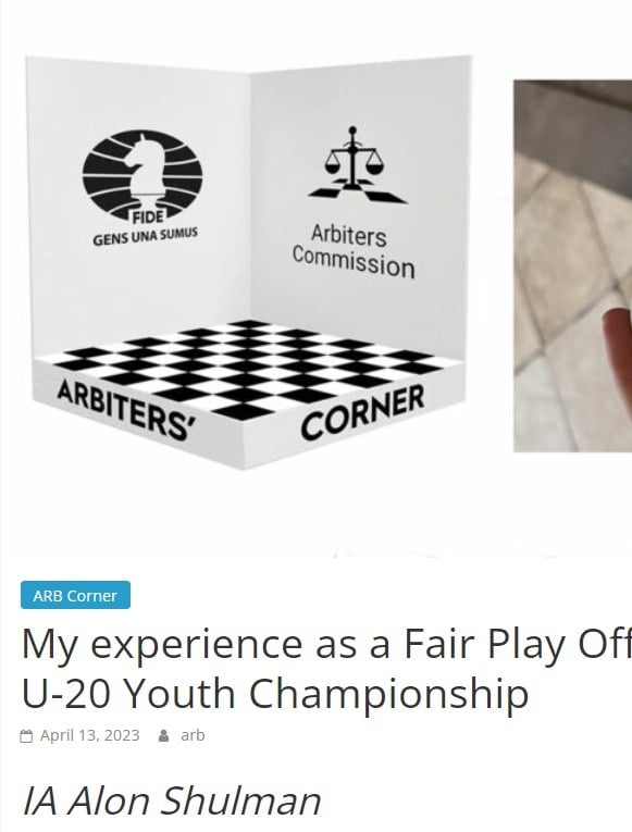 FIDE Arbiters' Corner - My experience as a Fair Play Officer at Sardinia U-20 Youth Championship 
