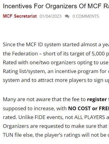 Incentives For Organizers Of MCF Rated Events. Malaysian Chess Federation. Malaysia Chess. 