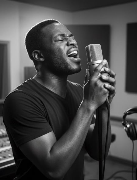 a man singing into a microphone in a recording studio.