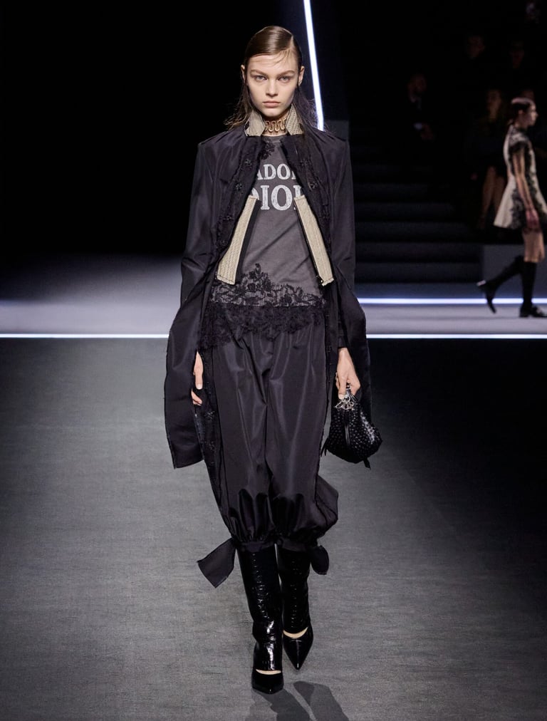 J’adore Dior tee with lace pants and coat.