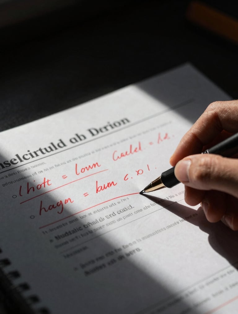 Tight macro-focused shot of a physical copy draft marked up with red pen edits, high-contrast directional window light, deep shadows, desaturated tones with orange accents, 50mm lens