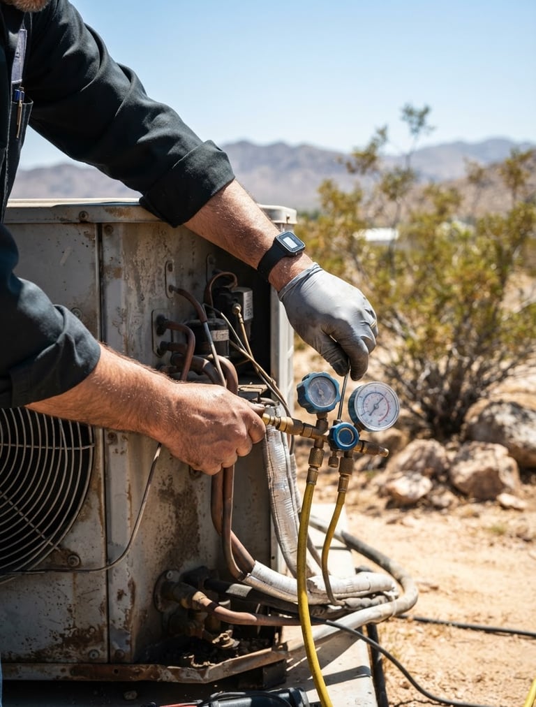 Close-up of a skilled technician's hands diagnosing an outdoor AC condenser unit, bright midday desert sunlight, cool blue and metallic tones, sharp focus, 35mm lens, desert landscape in soft background