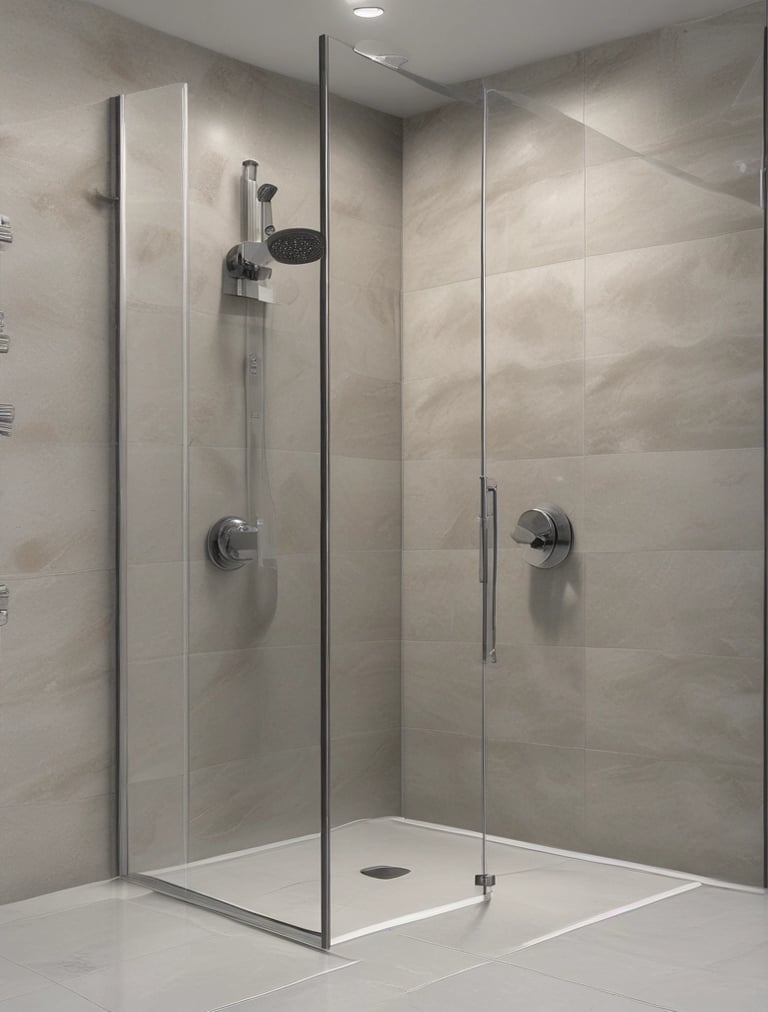 A modern bathroom featuring a clear glass shower screen with chrome fixtures and soft lighting.