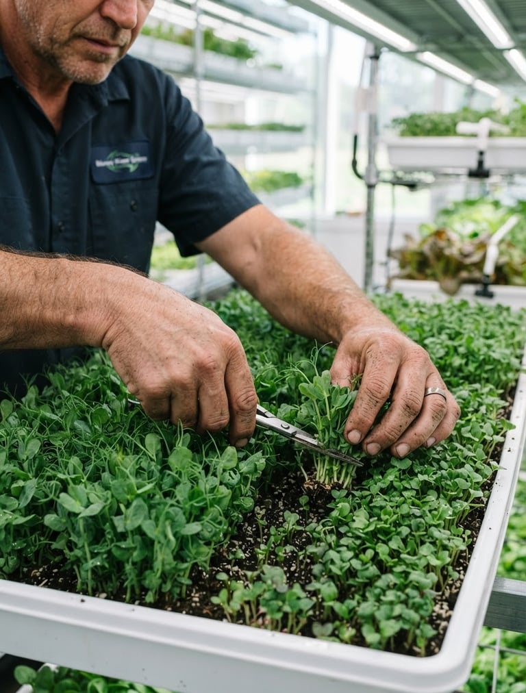 Jim, a focused grower, tending to vibrant green microgreen trays in a clean, brightly lit indoor farm. Close-up on his hands, showing care and precision. Crisp editorial photography, natural daylight.
