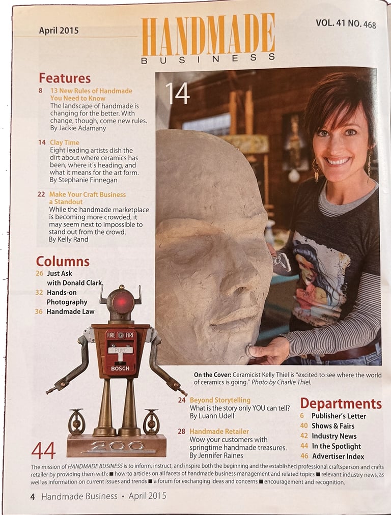 Table of contents for April 2015 magazine issue of Handmade Business.
