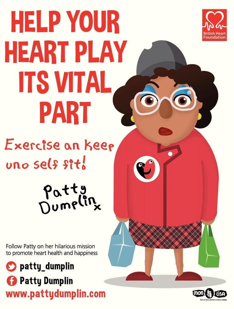 Patty Dumplin woman with glasses and a red jacket with a heart on it