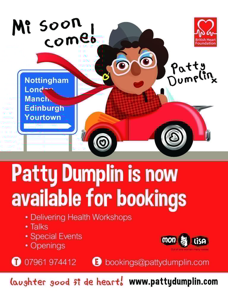 a woman driving a red car with a sign that says patty dumplin's