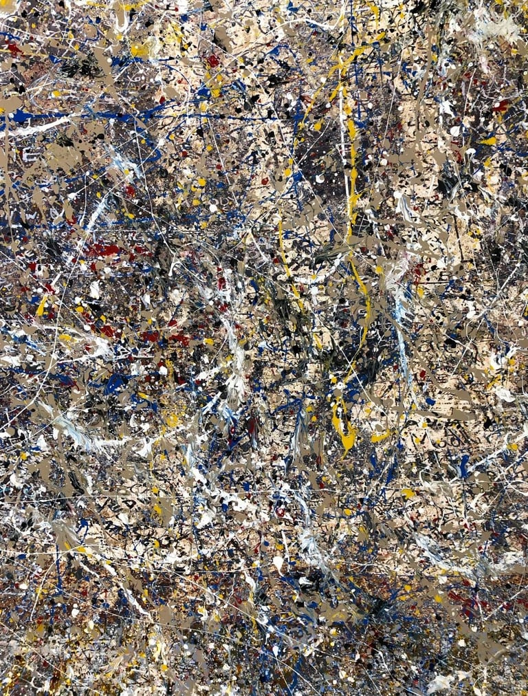 Abstract painting titled "Manic Monday" by Martin Osner, featuring an energetic composition of layered splatters and drips