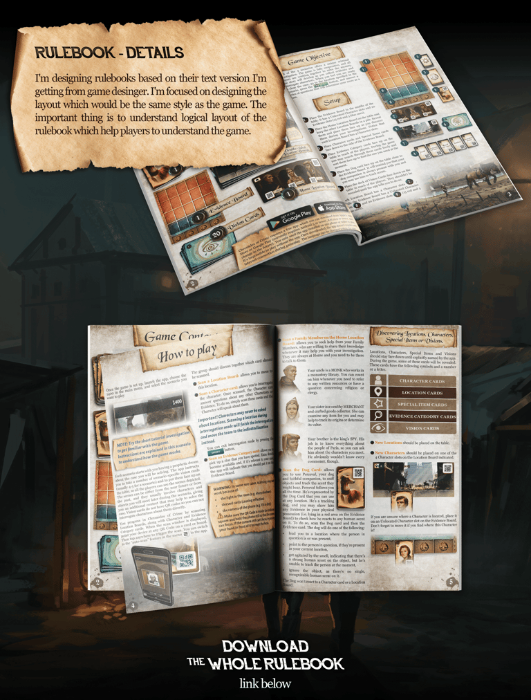 Details of rulebook graphic design I did for the game.