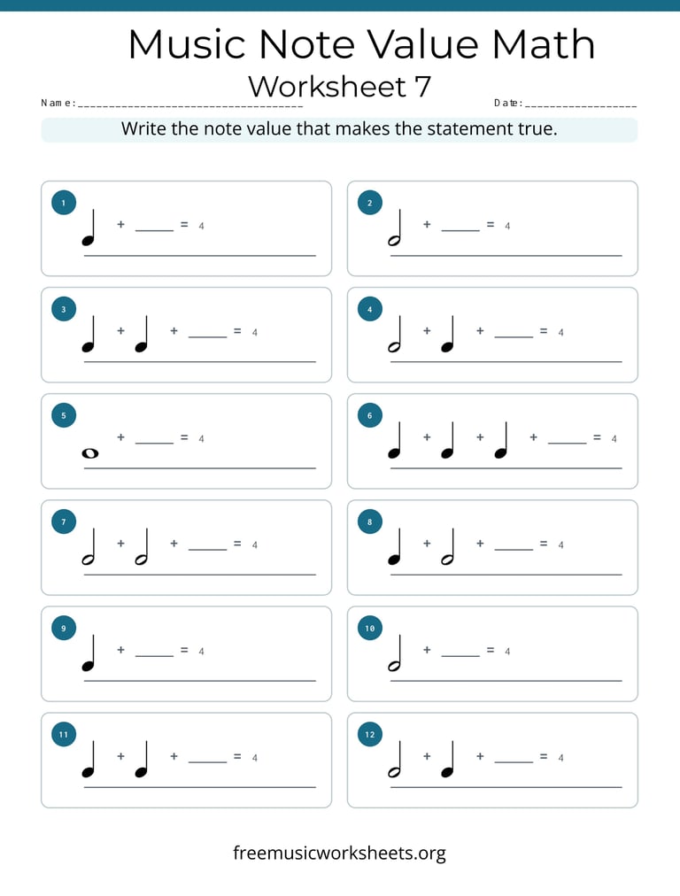 Music Note Value Math Worksheet 7