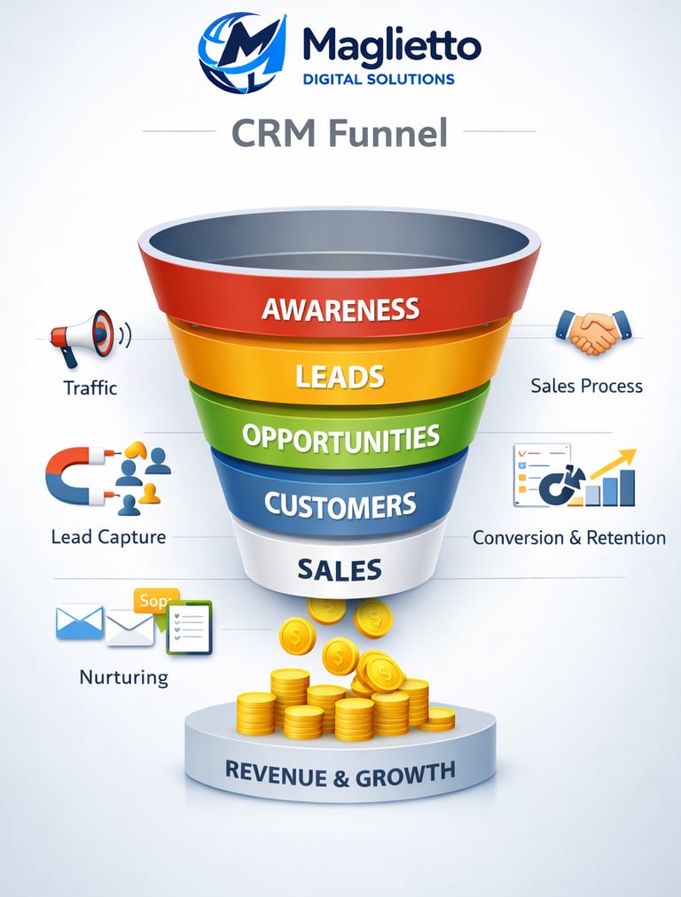 Maglietto CRM funnel diagram showing CRM stages from awareness to revenue & growth.