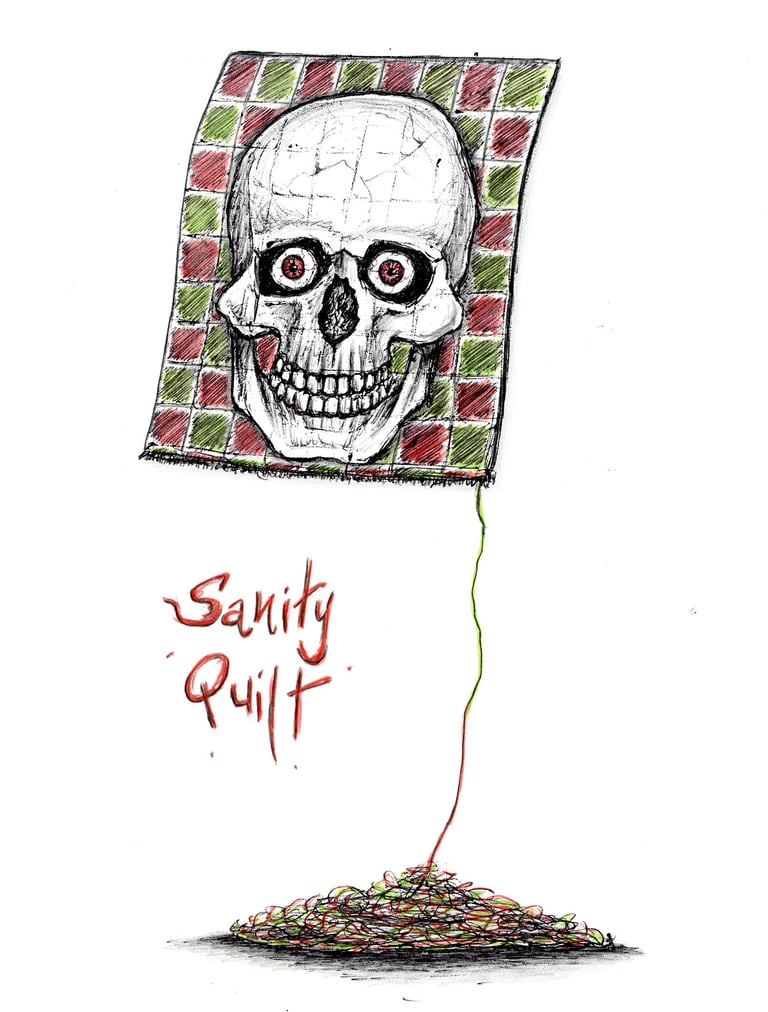 skull with eyes on an unraveling quilt