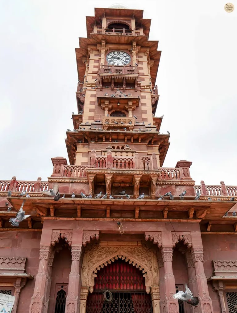 Closer view of Jodhpur’s famous Clock Tower at Sardar Market, a landmark of the Blue City.