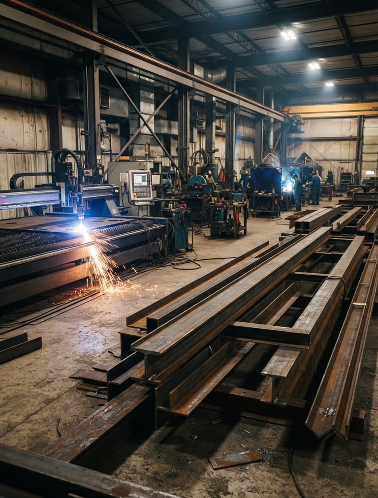 Wide shot of a modern metal fabrication workshop floor, heavy steel beams stacked, a CNC plasma cutting machine in the background with a blue arc, dramatic industrial lighting, sharp focus on metal textures.