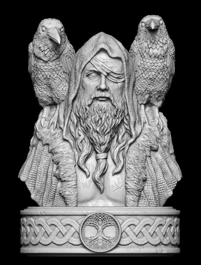 Detailed Viking bust with ravens digitally sculpted for professional 3D sculptural services