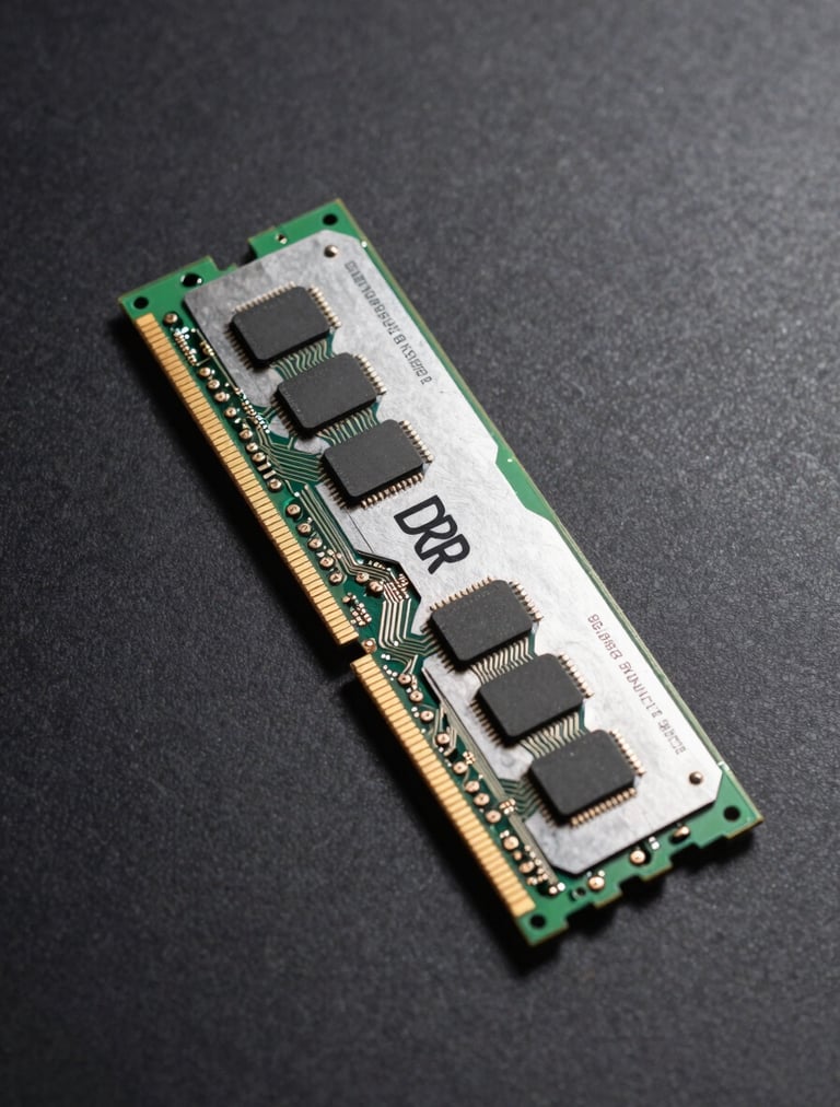 Overhead studio shot of a DDR3 memory module on a matte charcoal surface, hard side-lighting from the left casting precise shadows along the chip outline, circuit traces visible, cool white illumination, no background clutter