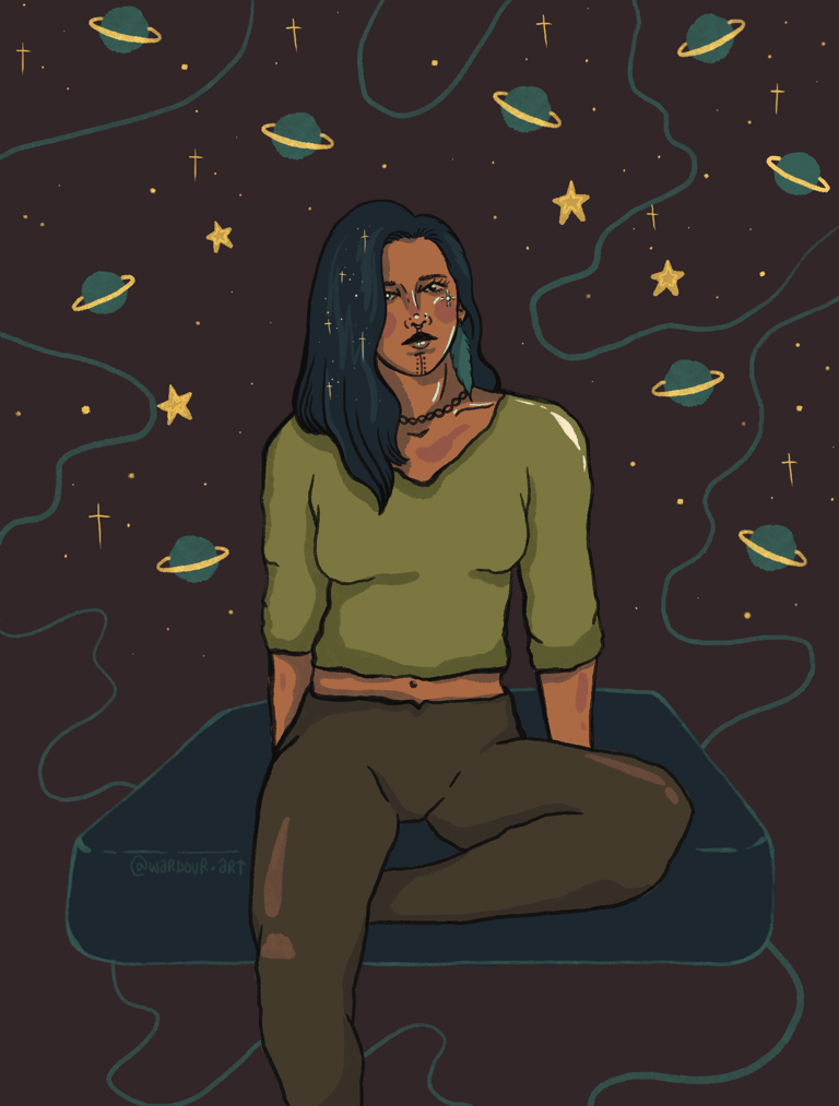 An illustration of an indigenous girl sitting on a cushion floating in space.
