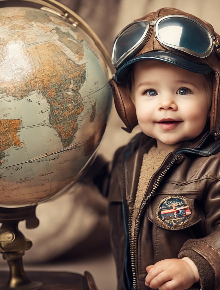 Toddler in vintage pilot uniform for studio photography