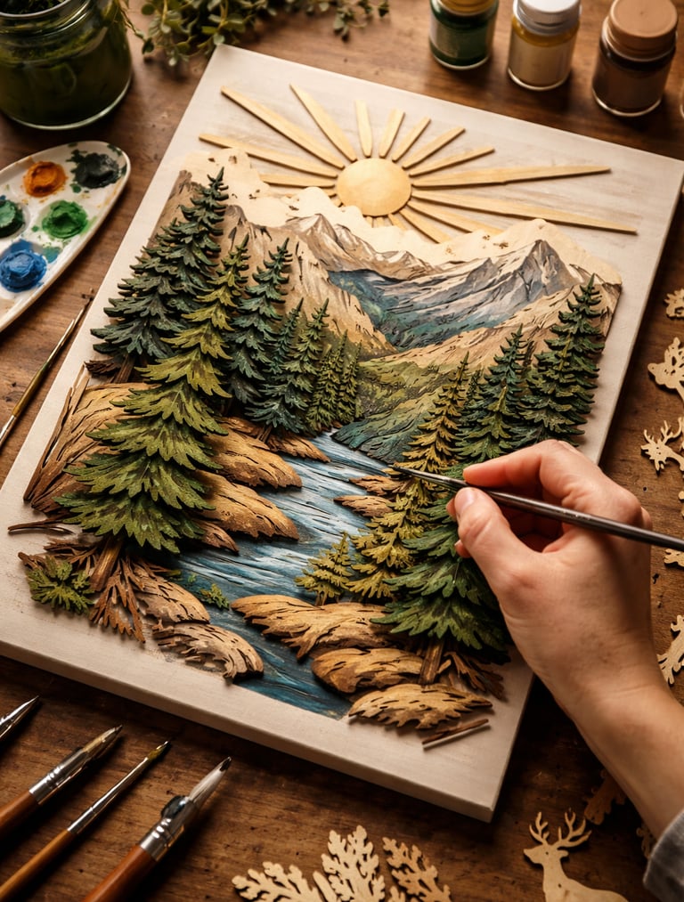 Artist painting a 3D wood relief landscape of a mountain forest with pine trees and a river.