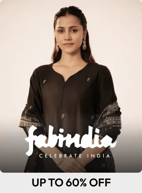 Woman in black Fabindia ethnic wear with dupatta, advertising a 60 percent off sale.