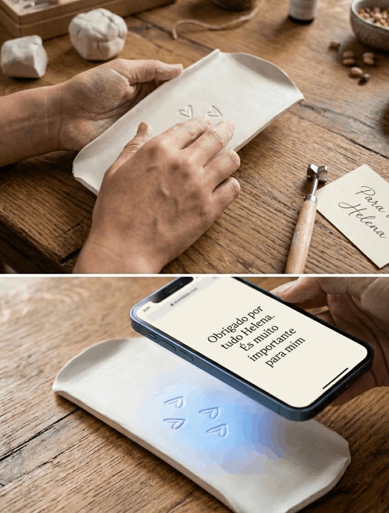 Mãos a fazer uma peça de artesanato, peça viva, com um chip e uma experiência digital dentro totalmente personalizada