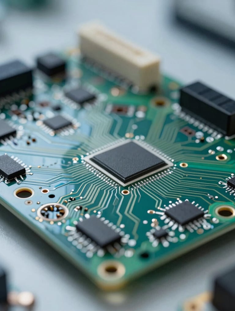 A close-up, sharp photograph of a high-tech circuit board with light blue and green highlights. Professional lighting in a clean Western European laboratory setting, modern tech aesthetic.