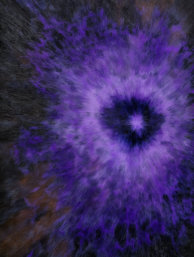 Vizijos abstraktaus meno printas su violetine tekstūra ir radialine kompozicija
