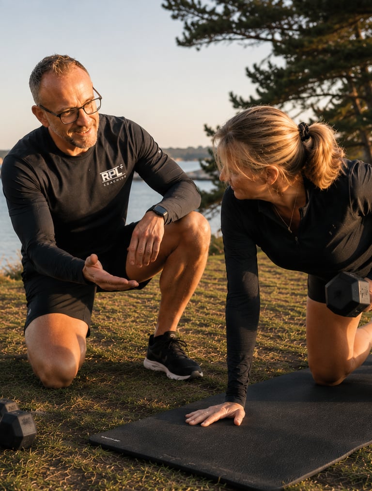 Coach sportif accompagnant une séance de renforcement fonctionnel dans le Golfe du Morbihan
