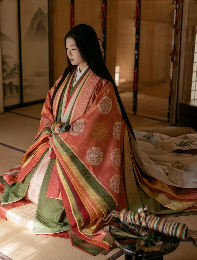 A Japanese woman wearing a traditional Junihitoe twelve-layered kimono sitting in a classic tatami room.