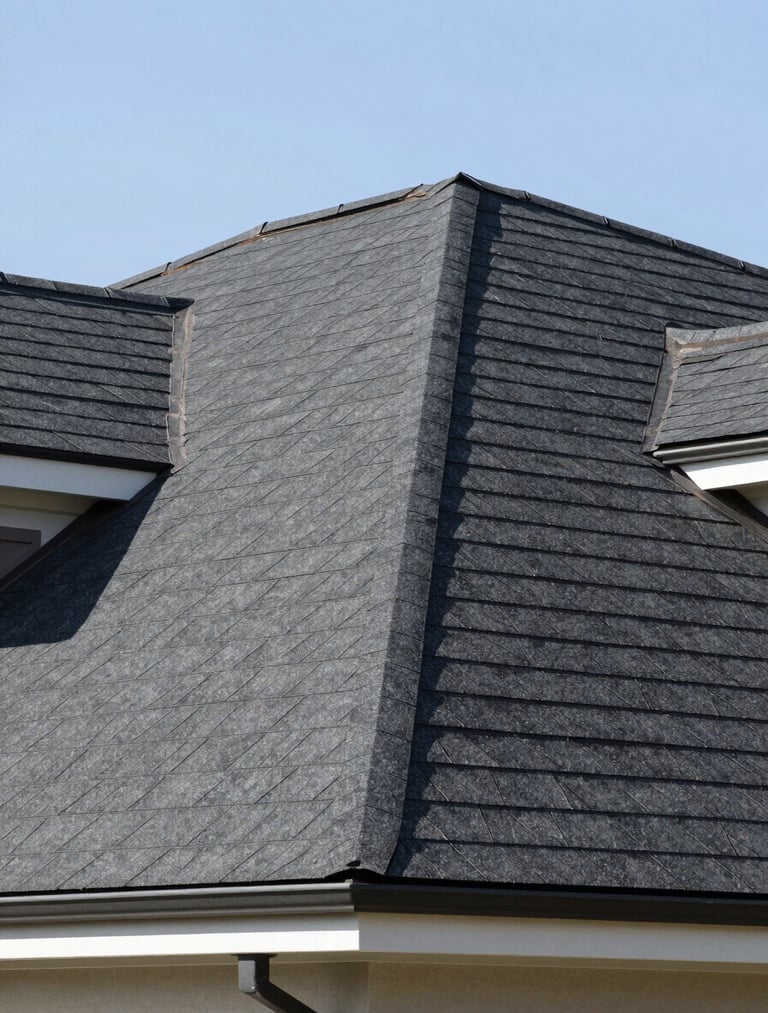 Architectural exterior shot of a fully restored residential roof after storm damage, showcasing new deep charcoal shingles, crisp natural daylight, low angle, 35mm