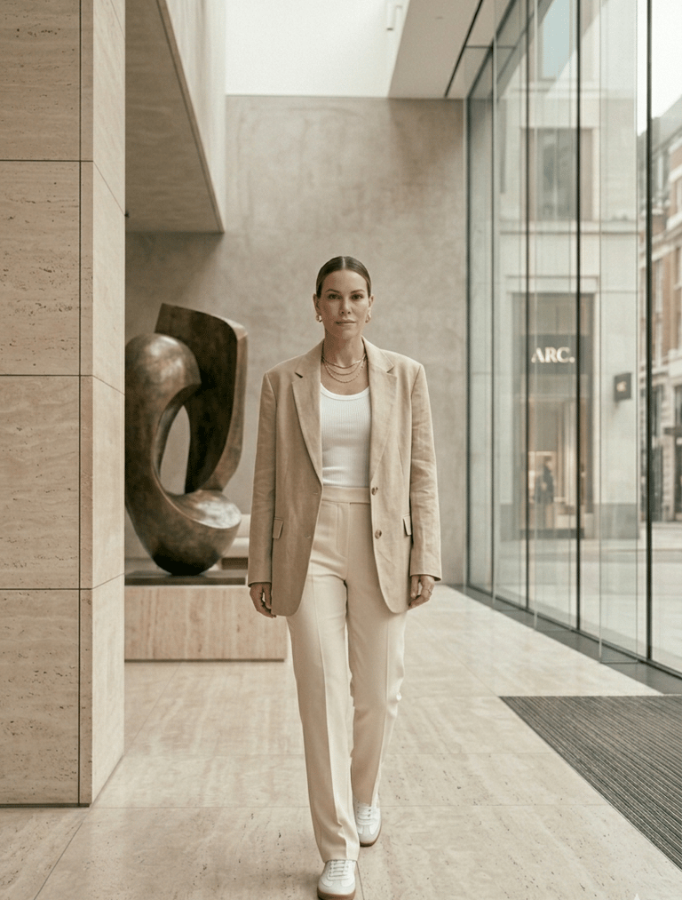 Neutral basics outfit with cream tank top, tailored trousers and oversized blazer